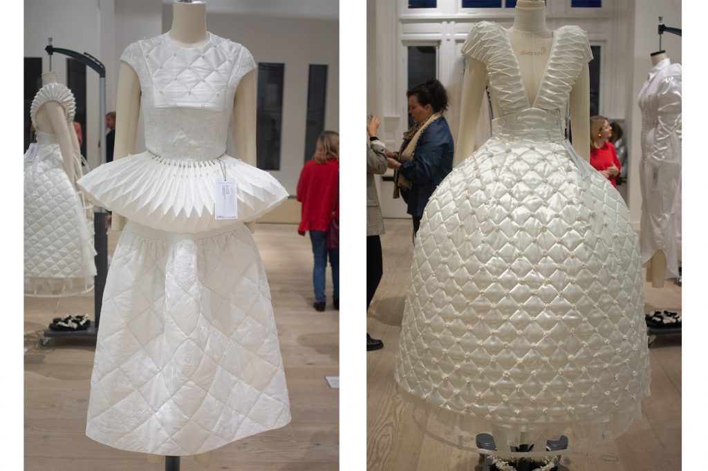Tess van Zalinge's collection "Fifteen" showcases wedding dresses made by Upcycling previously used wedding materials meant for only "one-day-use".